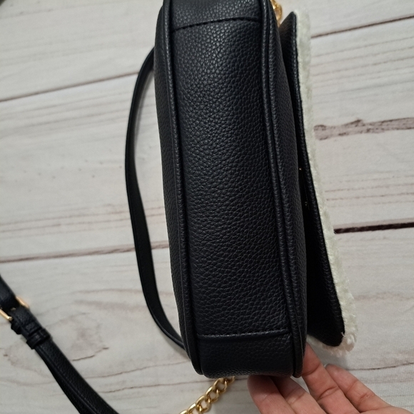 Anne Klein Faux Sherpa Faux Leather Convertible Crossbody Handbag Purse - Picture 9 of 15